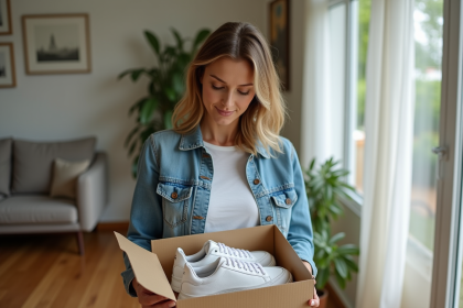 Femme examinant une paire de sneakers dans un salon lumineux