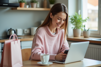 Jeune femme faisant du shopping en ligne à la maison