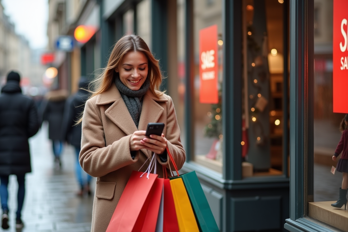 Femme souriante avec sacs de shopping lors des soldes d'hiver