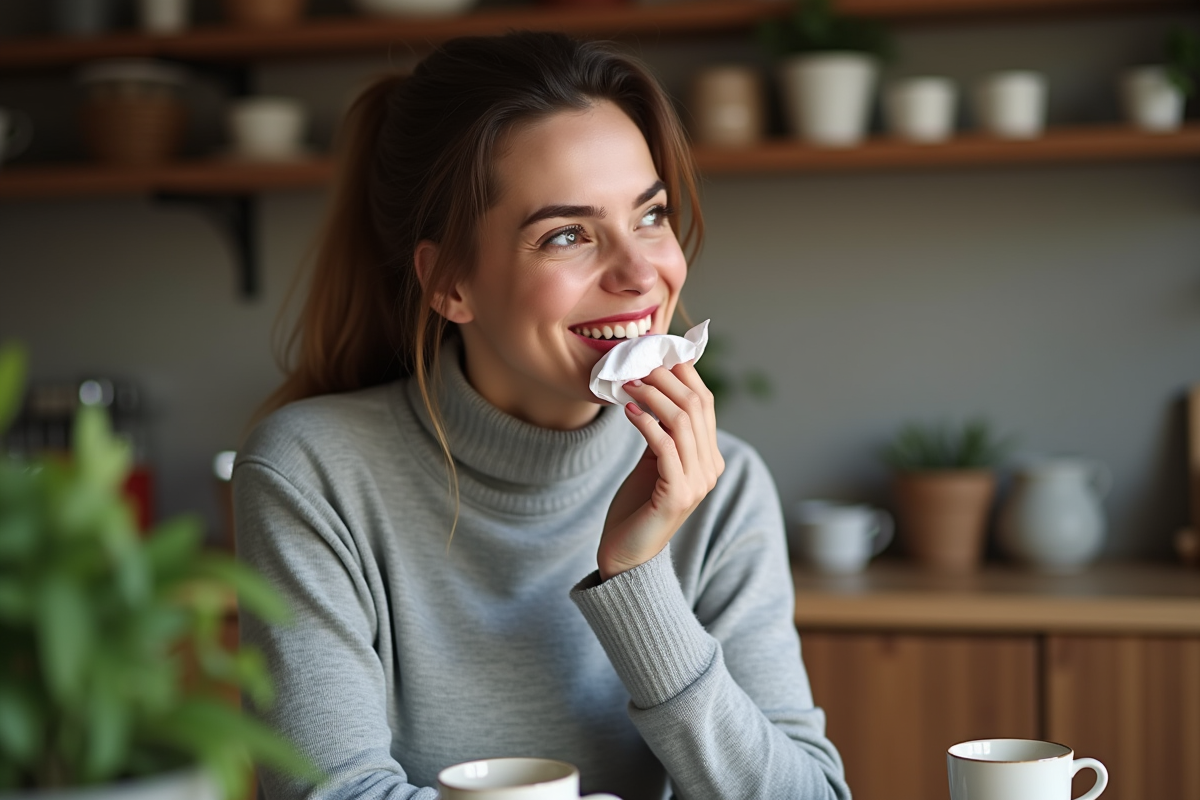 Jeune femme souriante se tamponnant les lèvres au turtleneck gris dans une cuisine chaleureuse