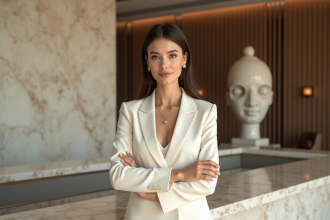 Femme élégante en tailleur ivoire dans un lobby moderne