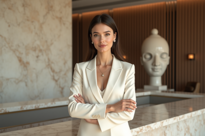 Femme élégante en tailleur ivoire dans un lobby moderne