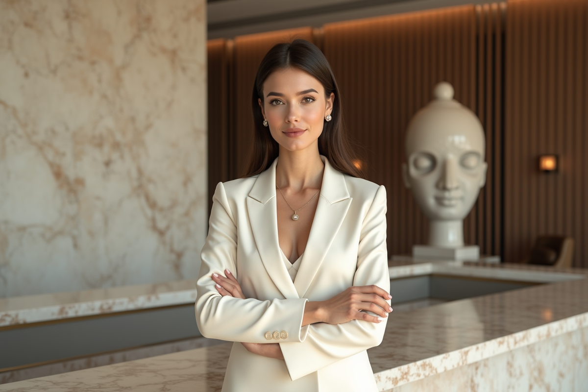 Femme élégante en tailleur ivoire dans un lobby moderne