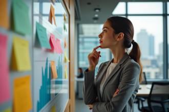 Jeune femme en réflexion devant notes colorées en bureau