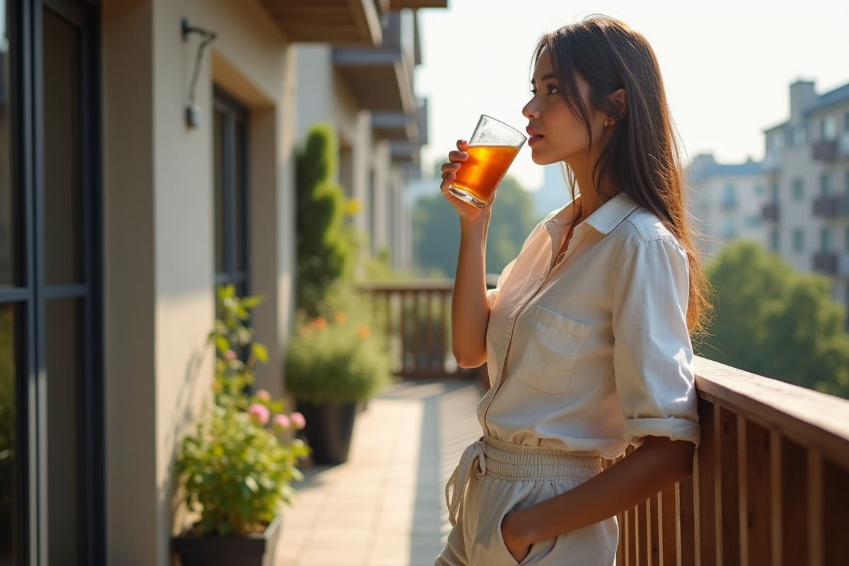 Jeune femme buvant une infusion en ville en été