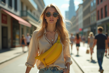 Jeune femme urbaine portant un sac banane coloré dans la ville