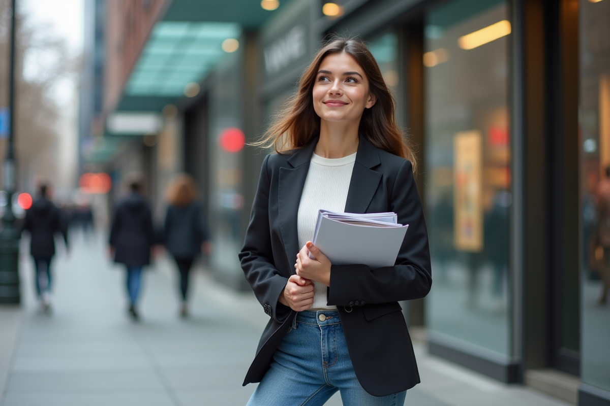 Jeune femme dans la ville tenant un magazine avec confiance
