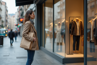 Femme réfléchissant devant une vitrine de magasin fermé