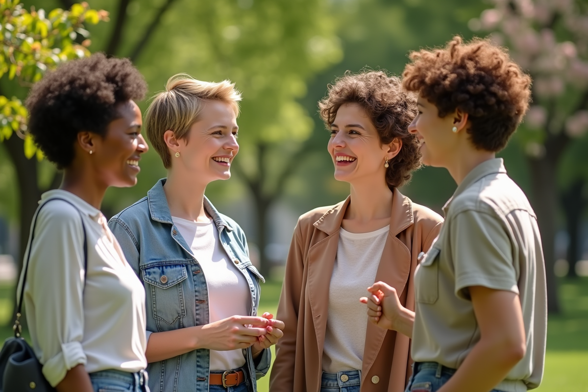 Groupe de femmes aux cheveux courts discutant dans un parc ensoleille