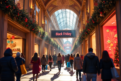 Vitrine festive aux Galeries Lafayette lors du Black Friday avec foule