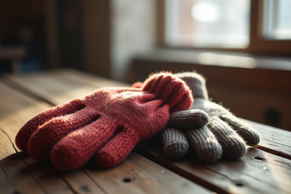 Gants en laine et fleece côte à côte sur une table en bois