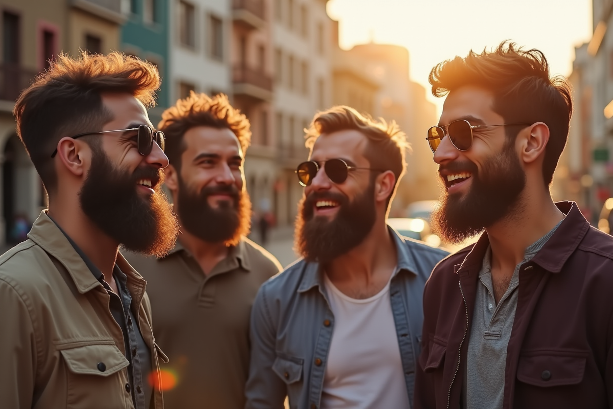 Groupe d hommes avec styles de barbe differents en ville en fin de journee