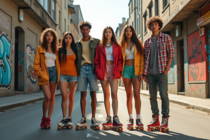 Groupe de jeunes en mode 90s dans la rue avec graffitis