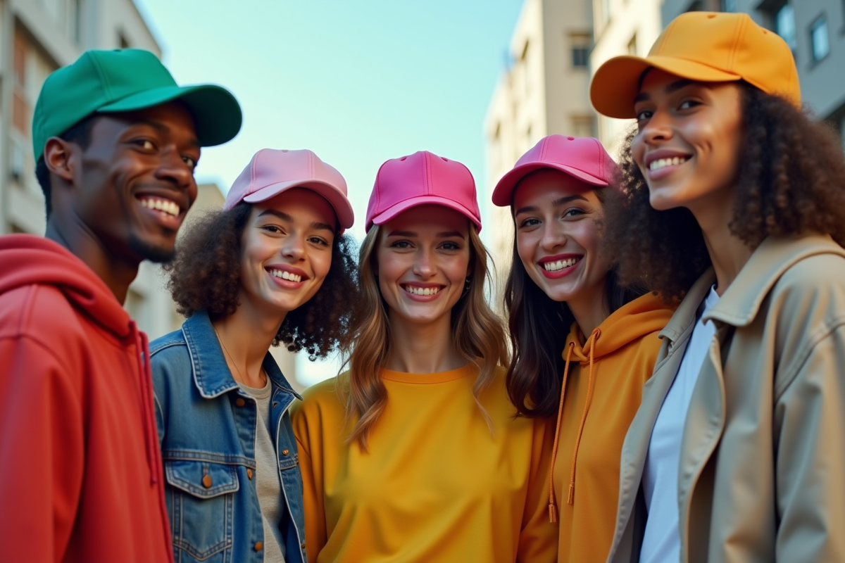 Groupe de jeunes adultes en extérieur portant des casquettes colorées