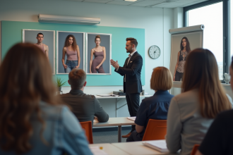 Groupe de modèles en formation dans une salle moderne