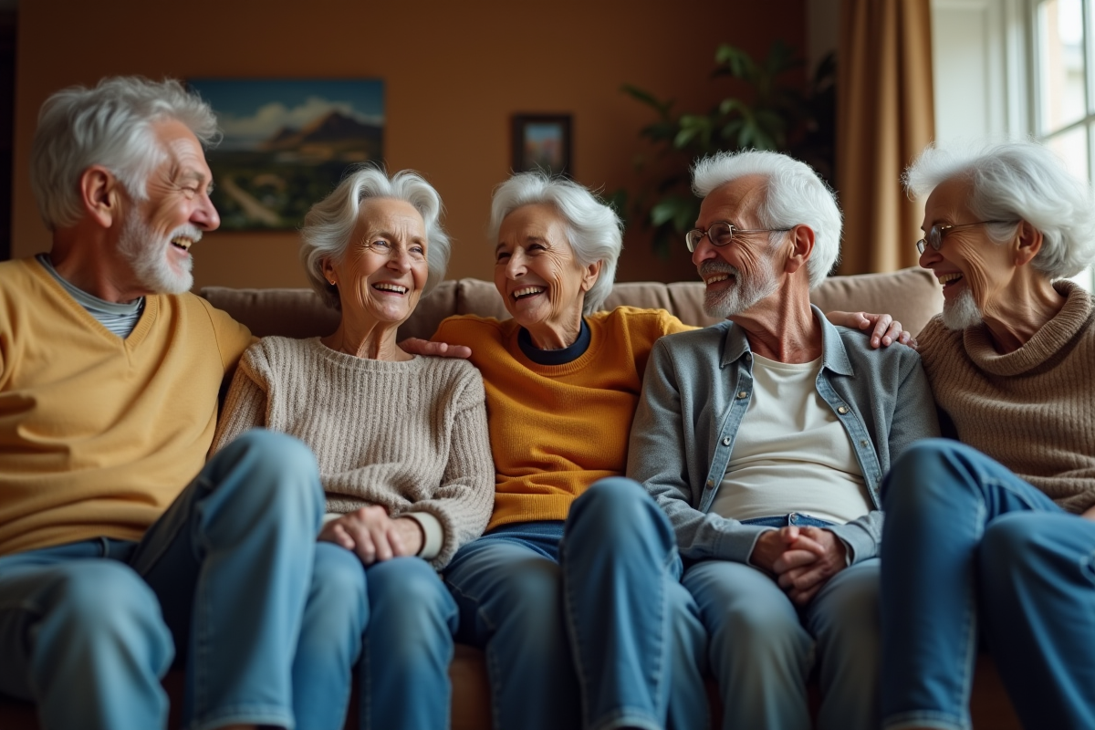 Groupe de seniors en jeans discutant dans un salon chaleureux