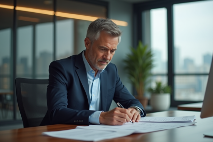 Homme d'affaires en costume navy dans un bureau moderne