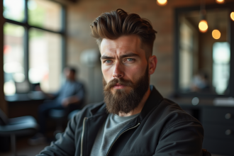 Homme au style moderne avec barbe soignee dans un barbershop lumineux