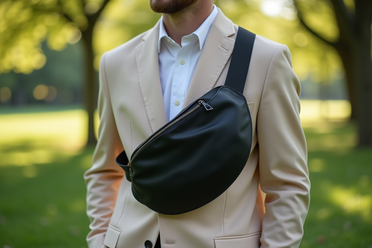 Homme avec sac banane noir et blazer pastel dans un parc