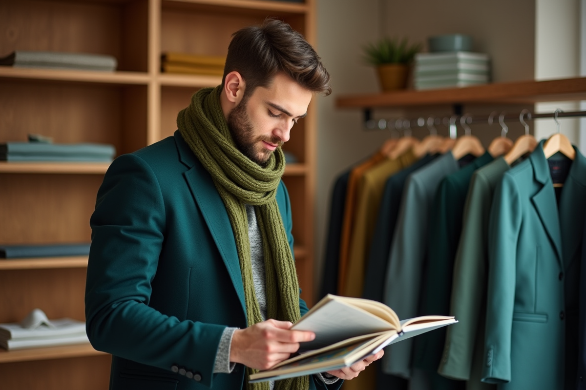 Homme regardant échantillons de tissus en boutique
