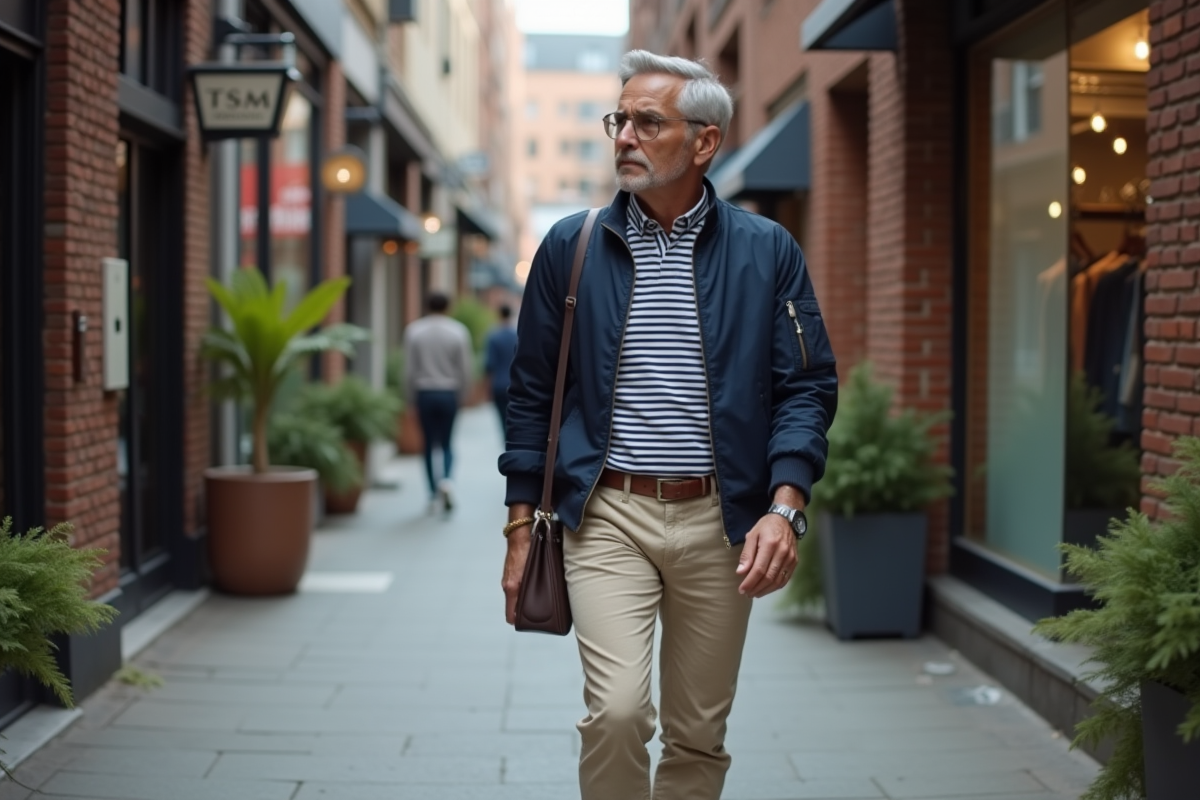 Homme en streetwear déambule dans une rue urbaine animée