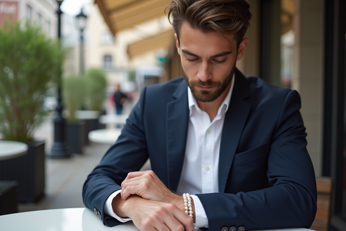 Homme ajustant un bracelet de perles en extérieur urbain