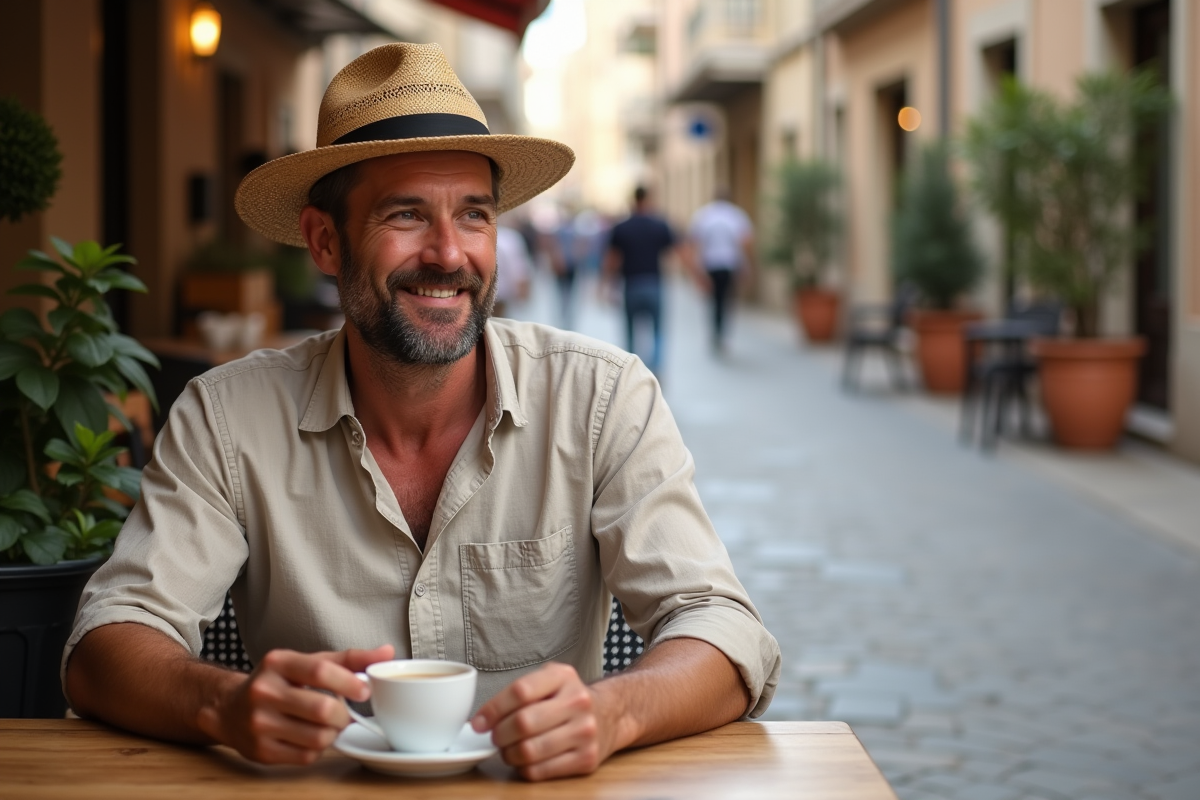 Homme d age buvant un cafe en terrasse de rue piétonne