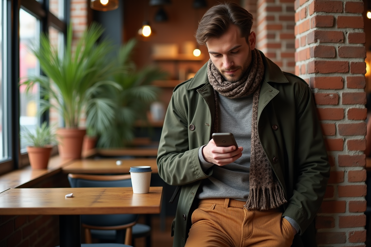 Homme décontracté dans un café trench et écharpe