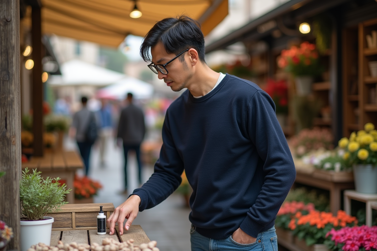 Homme coreen examine produits de soin au marché en plein air