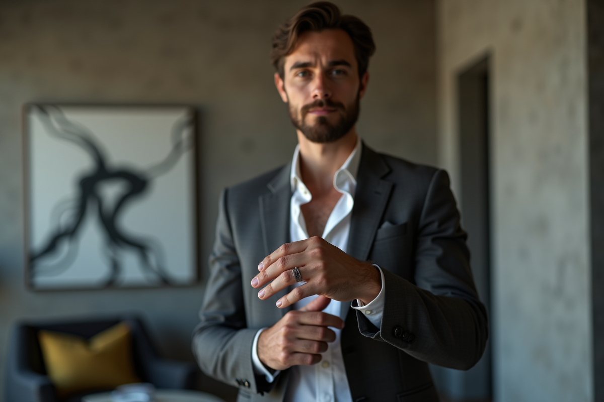 Homme en costume ajusté portant une bague minimaliste