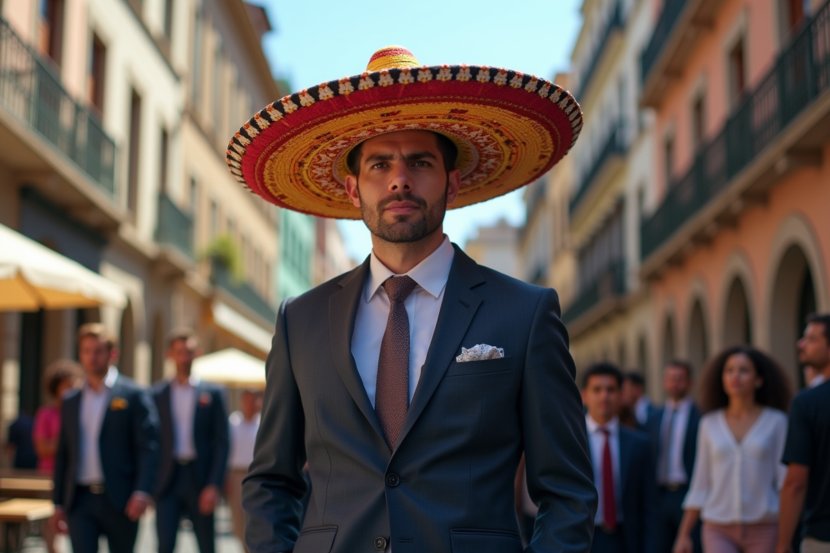 Homme en costume avec sombrero coloré dans la rue urbaine