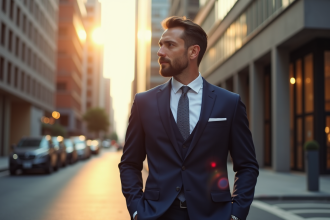Homme en costume bleu dans la ville lors du coucher de soleil