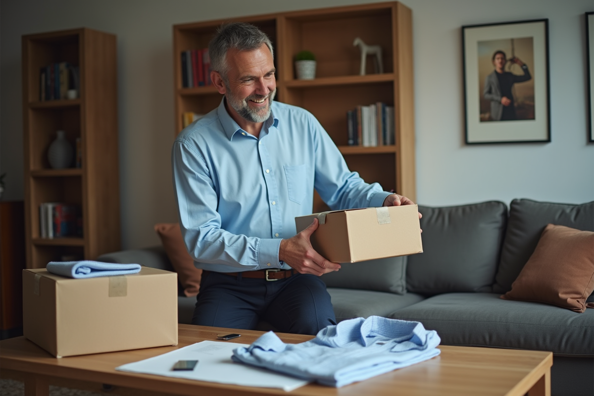 Homme déballant un colis dans un salon belge