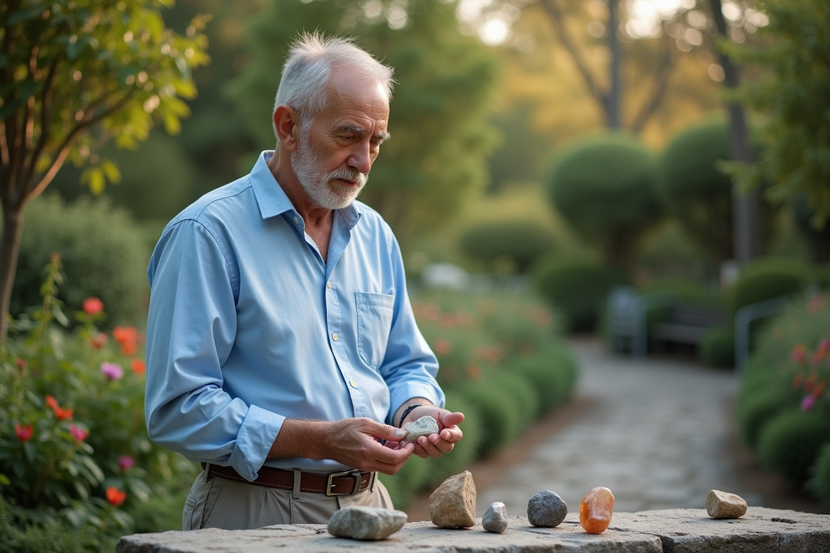 Homme regardant des pierres dans un jardin paisible