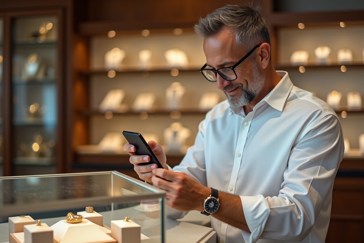 Homme dans une bijouterie mesurant une bague avec son téléphone
