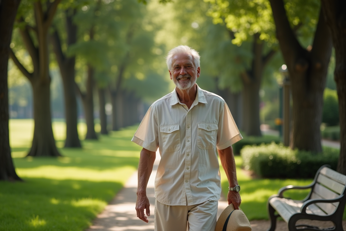 Homme âgé se promenant dans un parc en été
