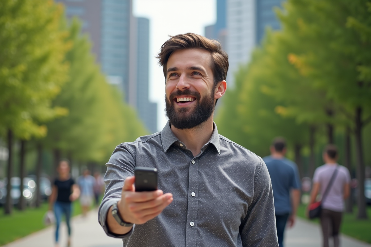 Homme avec barbe enregistrant une vidéo dans un parc urbain