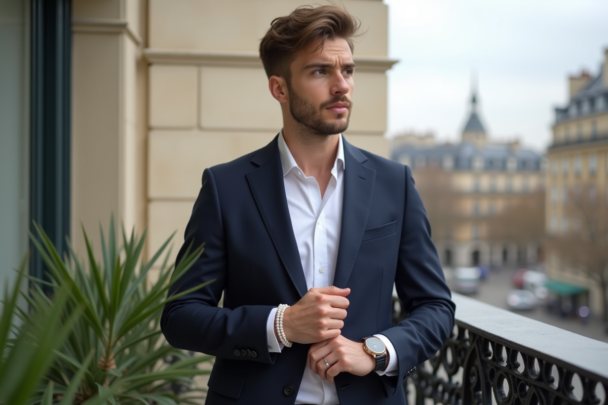 Homme réfléchissant ajustant un bracelet de perles sur un balcon parisien