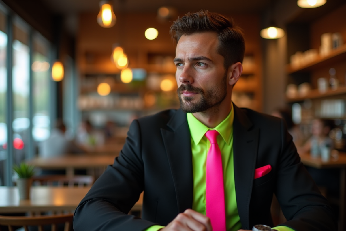 Homme en costume noir avec chemise verte et cravate rose dans un café moderne