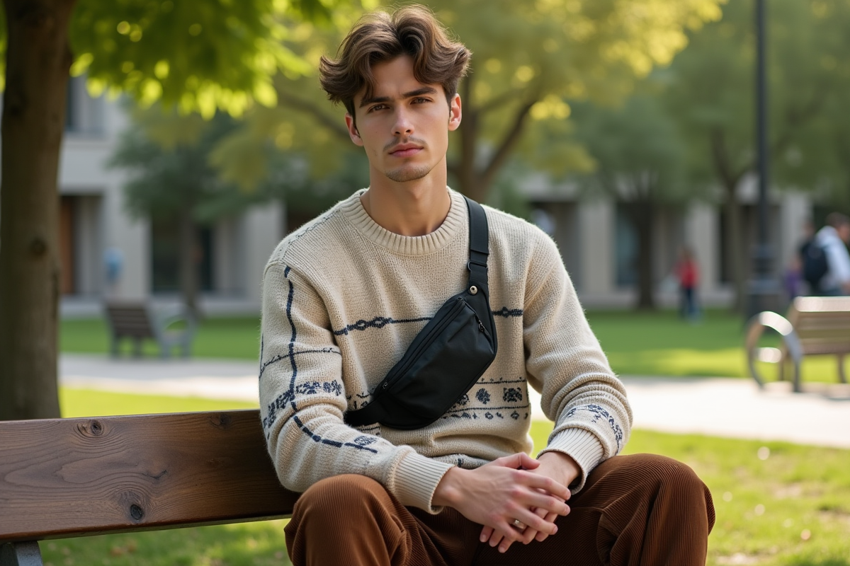 Jeune homme en pull et pantalon en parc urbain