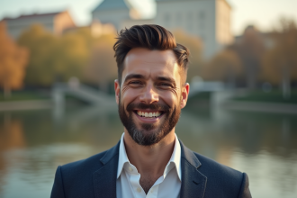 Homme élégant souriant en extérieur avec barbe soignée