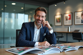 Homme en costume dans un bureau moderne regardant des magazines
