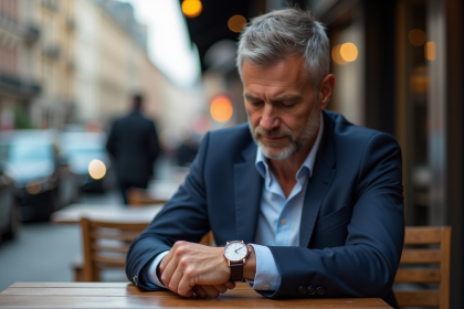 Homme d'âge moyen vérifiant deux montres au poignet en extérieur