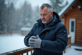 Homme d'âge moyen en parka d'hiver ajustant un gant gris