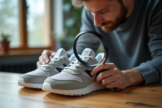 Personne inspectant des sneakers de marque avec loupe