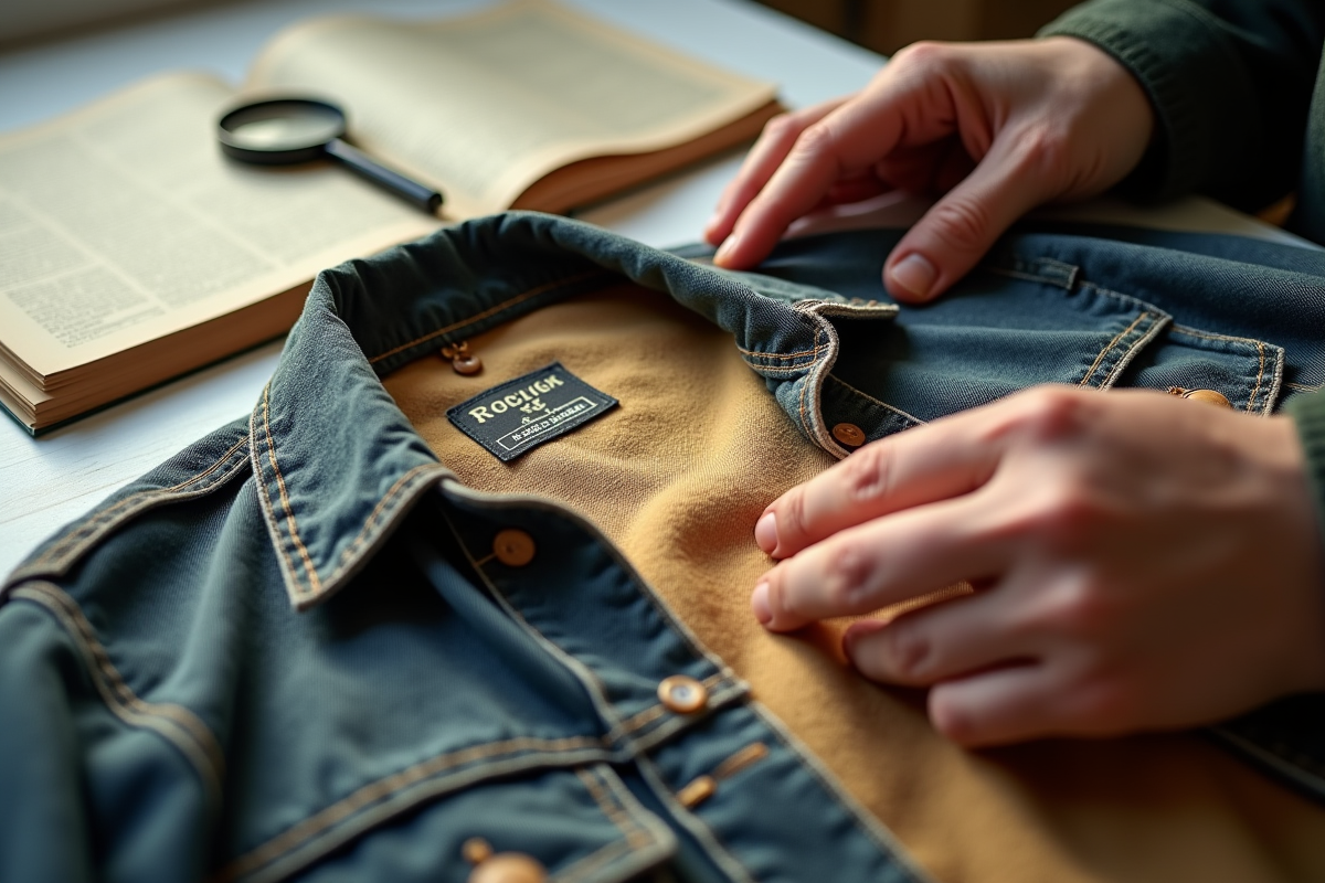 Mains inspectant une veste vintage sur une table blanche