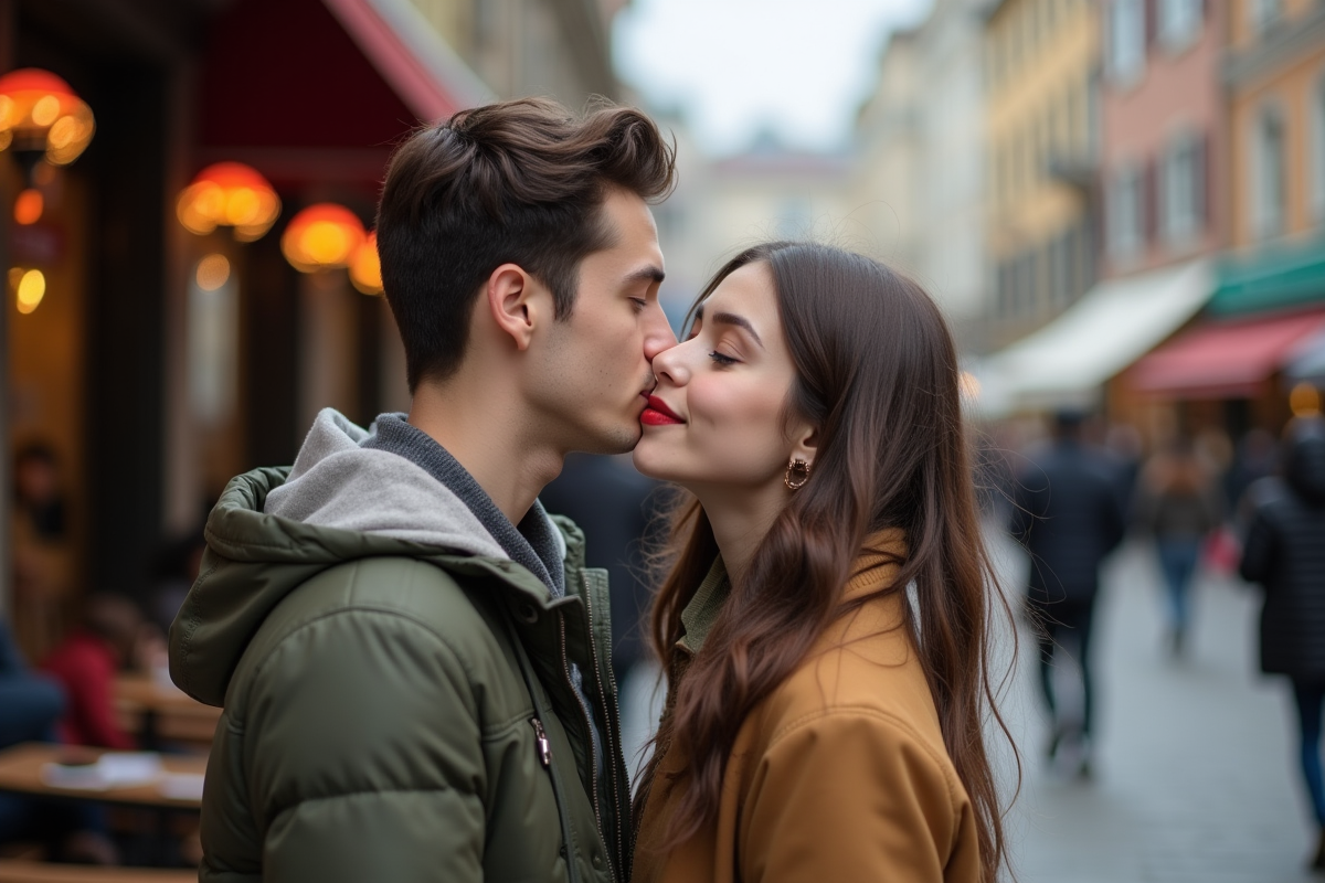 Jeune couple s’embrassant en ville avec rouge a levres