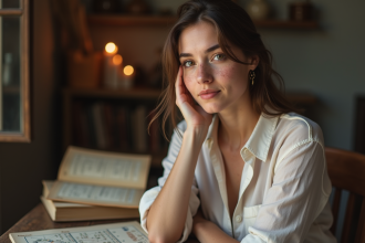 Jeune femme pensant avec un chartastrologie et livres