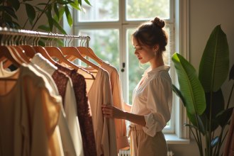 Jeune femme dans une boutique lumineuse examine des vêtements naturels