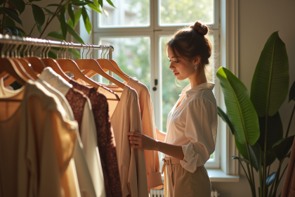 Jeune femme dans une boutique lumineuse examine des vêtements naturels